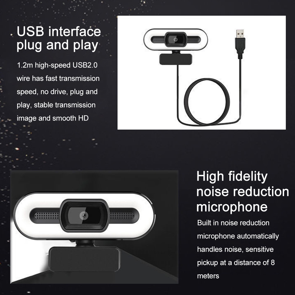 Webcam Laptop HD 1080P USB Kamera PC Camera with LED Ring Light Mic Webcast Live Zoom Meeting Camera Broadcast Video