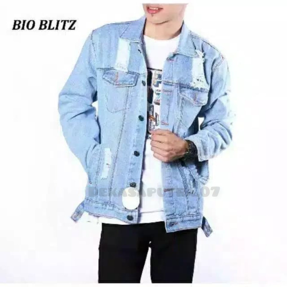 M L XL XXL 3XL 4XL JAKET JEASN PRIA SOBEK ROBEK RIPPED BIOBLITZ BIOWASH BIRU MUDA BIRU TUA/JAKET JEA