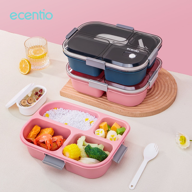 ecentio Kotak Makan 4 Grid Kotak Sup Gratis Sendok 1550ml +140ml Anti Tumpah Lunch Box 4 Sekat Lunch Box Misting Tempat Makan Portable Kotak Bekal BPA Free