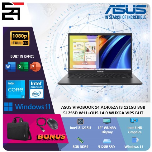 Asus Vivobook 14 A1405ZA i3 1215U 8GB 512GB SSD W11 OHS 14 Inchi  WUXGA IPS Blit