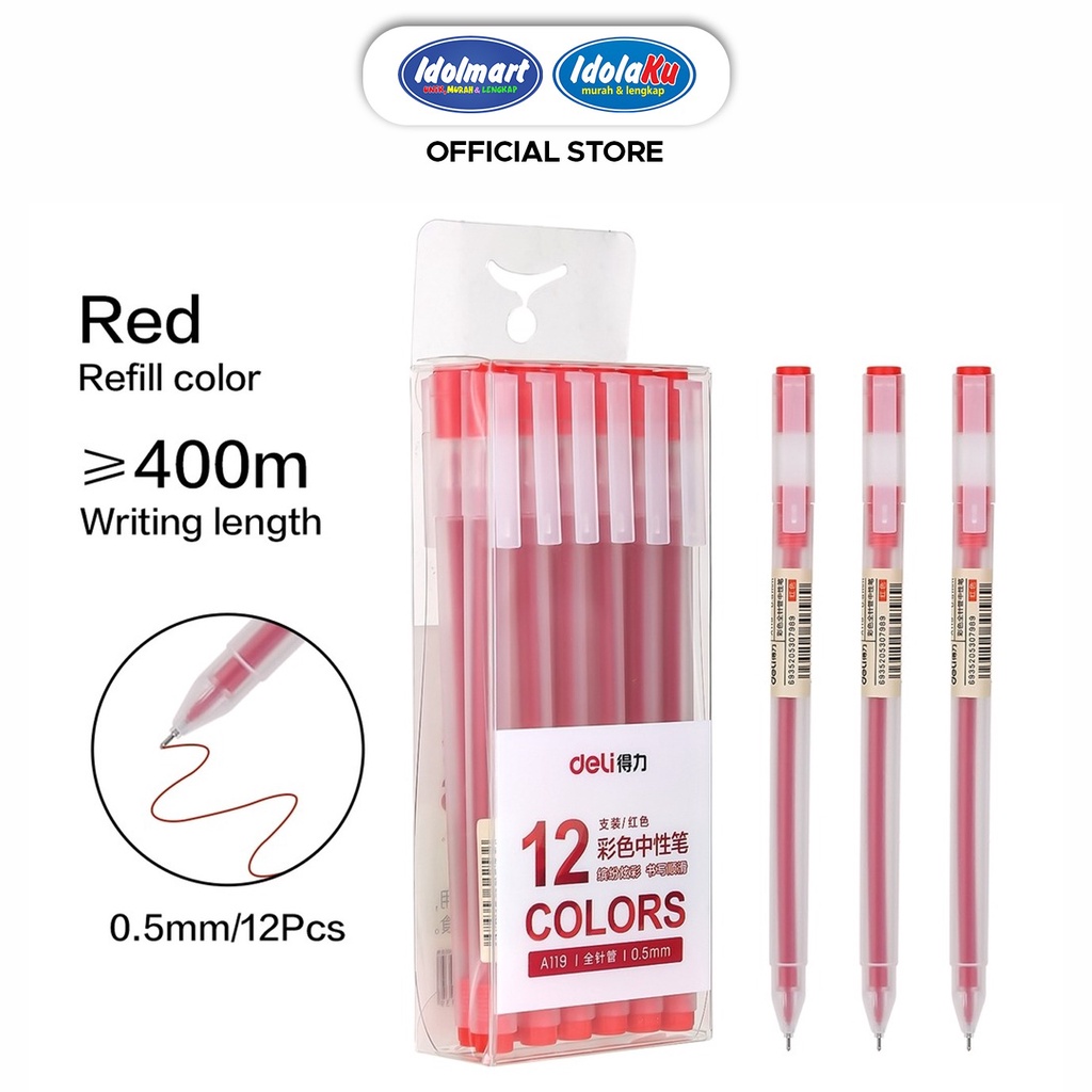 IDOLMART Deli Pulpen Gel Pen A119 Merah / Tip 0.5mm Panjang Penulisan Hingga 400m /pcs Deli Surabaya