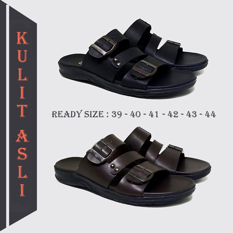 DERICK X ZAGIB | Sandal Pria Kulit Asli Full Black &amp; Brown / Sendal Flat Cowo Style