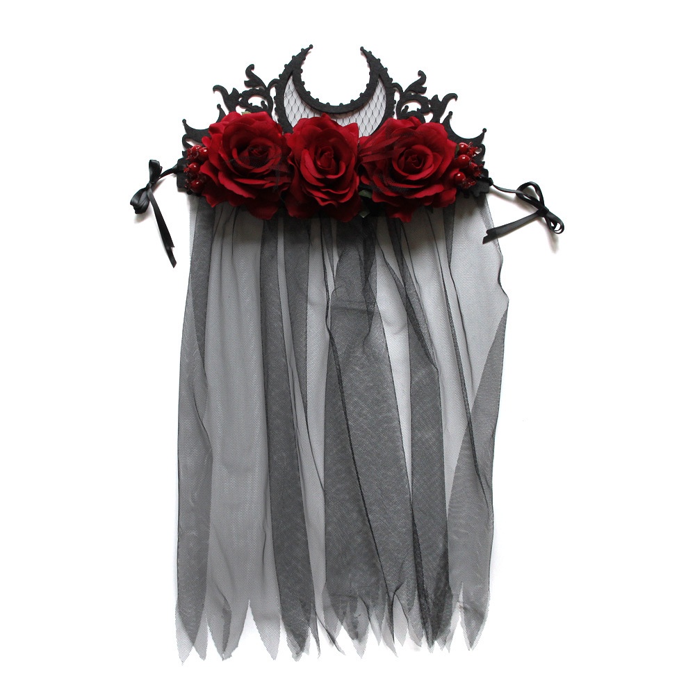 Halloween Gothic Red Rose Crown with Veil 8709