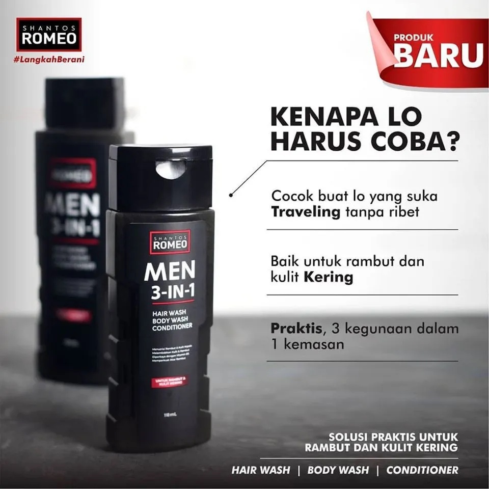Shantos Romeo Men 3in1 220ml Shampoo Conditioner &amp; Body Wash / Shampo Sabun Mandi