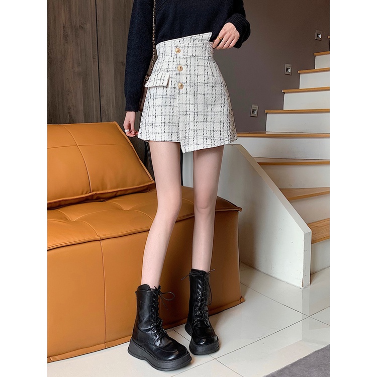 A-line Rok Pendek Korea kotak-kotak Rok Celana Highwaist Tidak Teratur Vintage Skirt