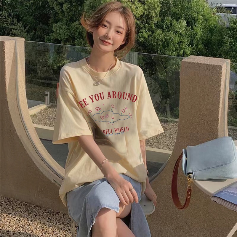 Vintage Kaos Lengan Pendek Cream Atasan Wanita Oversize Printed T-shirt Kekinian Korean Style