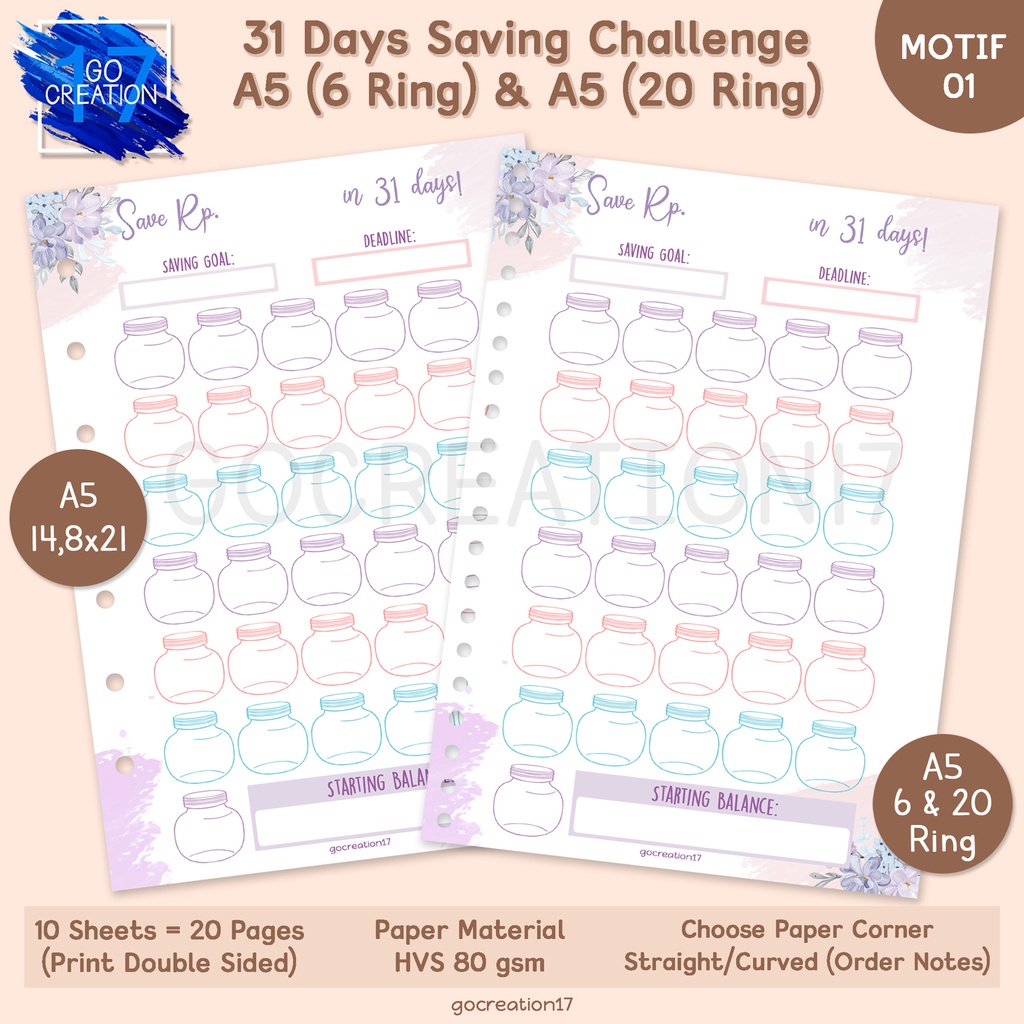 

Kertas Planner Isi Binder 31 Day Saving Challenge Motif Premium A5
