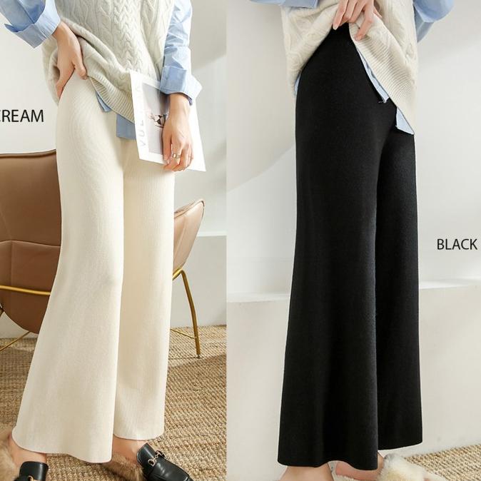 Celana kulot panjang wanita warna sage / kulot knit rajut