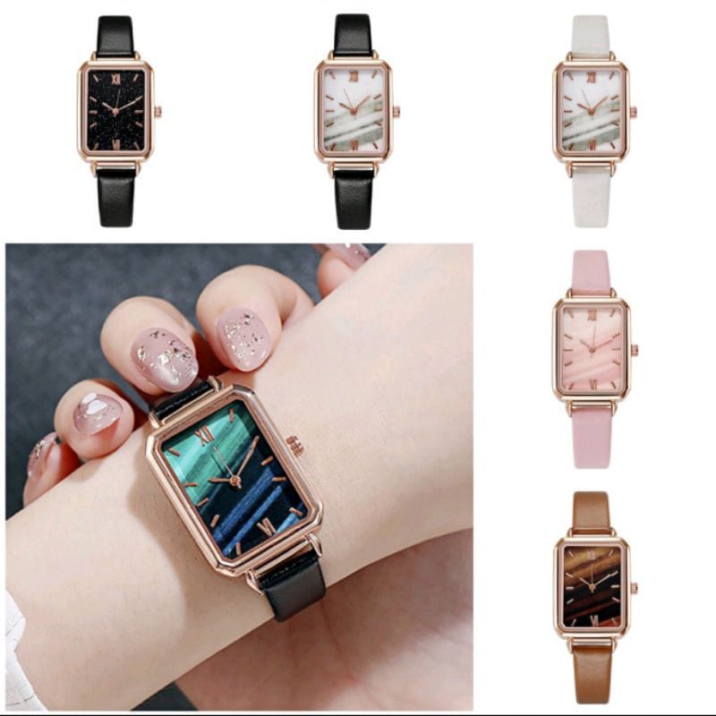 JAM TANGAN WANITA FASHION MODEL SEGI STRAP KULIT DG-1213 (G_W)