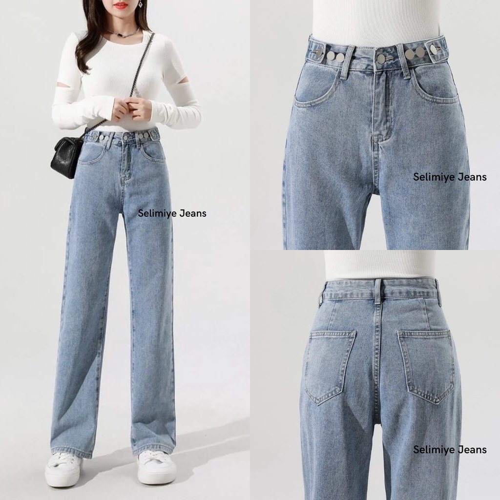 Celana High waist Jeans Wanita Pinggang yang dapat di sesuaikan