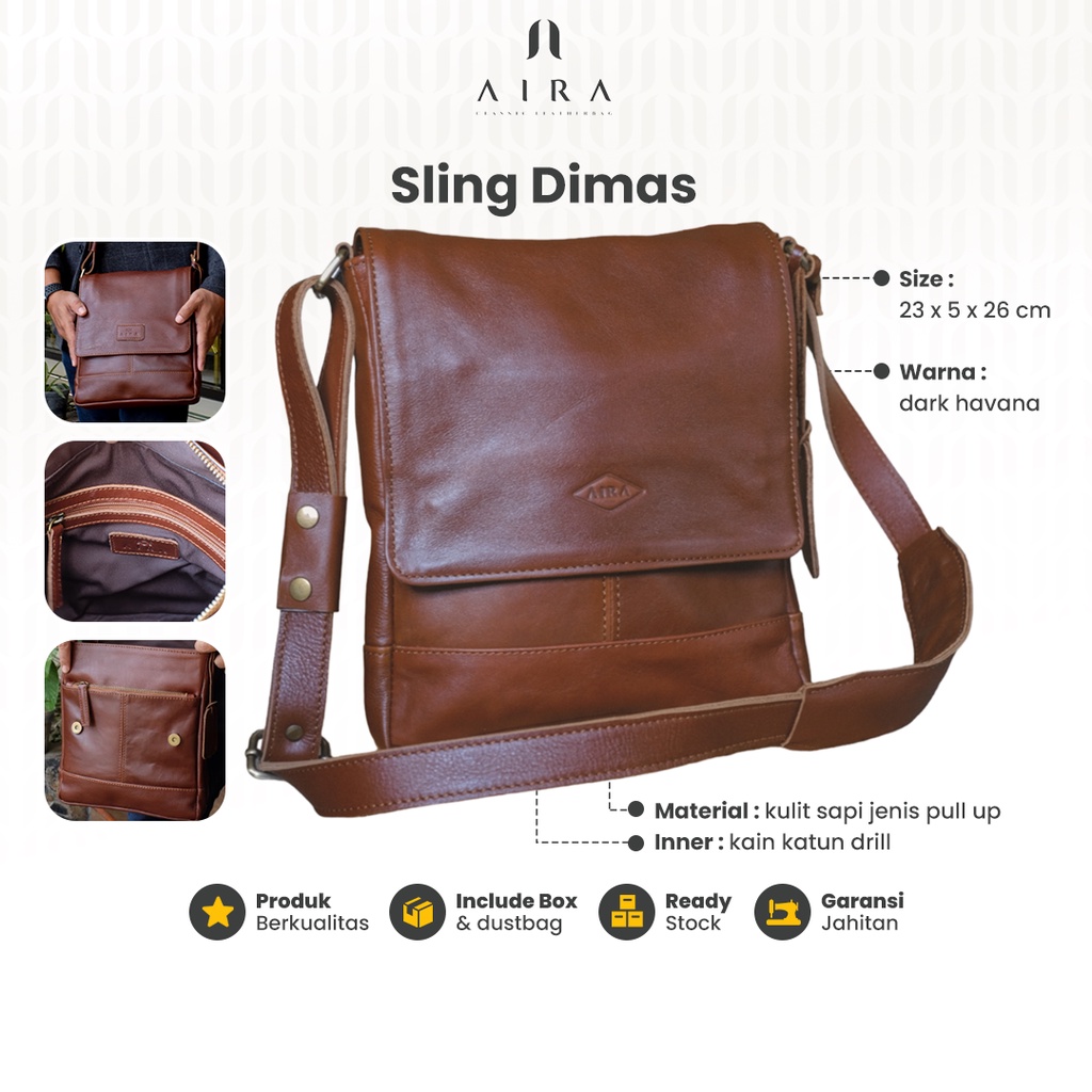 Tas Selempang Dan Bahu Pria Sling Bag Dimas Kulit Sapi Asli Bahan Pull Up Leather Terbaru Kain Katun Drill Tali Panjang Adjustable Kekinian Original