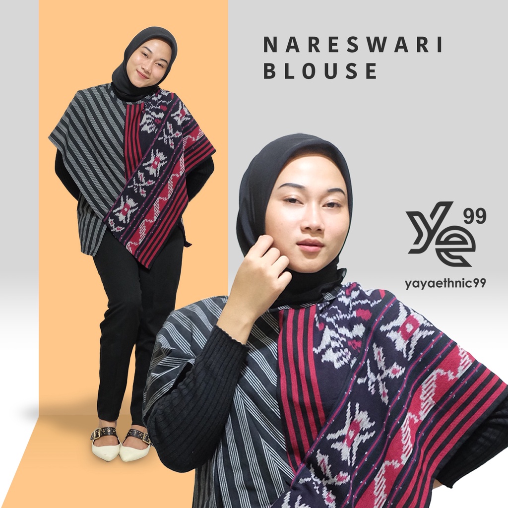 Blouse nareswari ethnic, busana wanita tenun troso mix lurik prasojo, nareswari mawar, blouse tenun troso