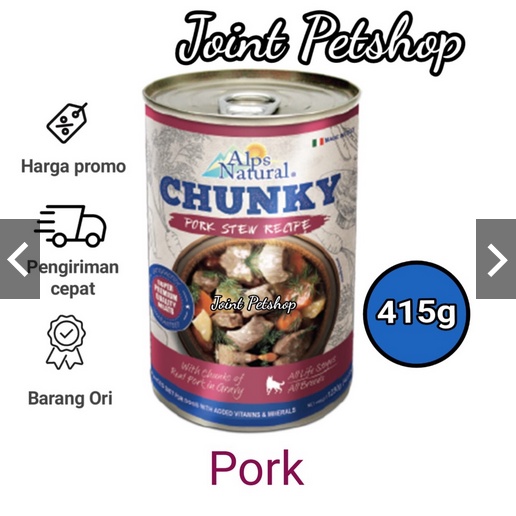 EXPEDISI ( 24 KALENG / 1 DUS ) Alps Natural Chunky Rasa Pork Makanan Kaleng Anjing 415 gram
