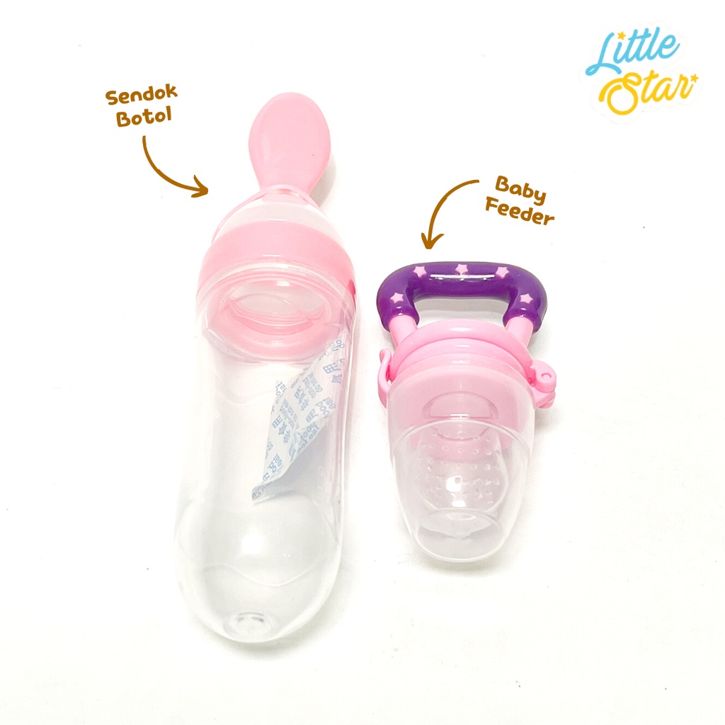 LS Paket Perlengkapan Makan Mpasi Bayi 2in1 Sendok Botol Silicone Baby Feeder Empeng Buah