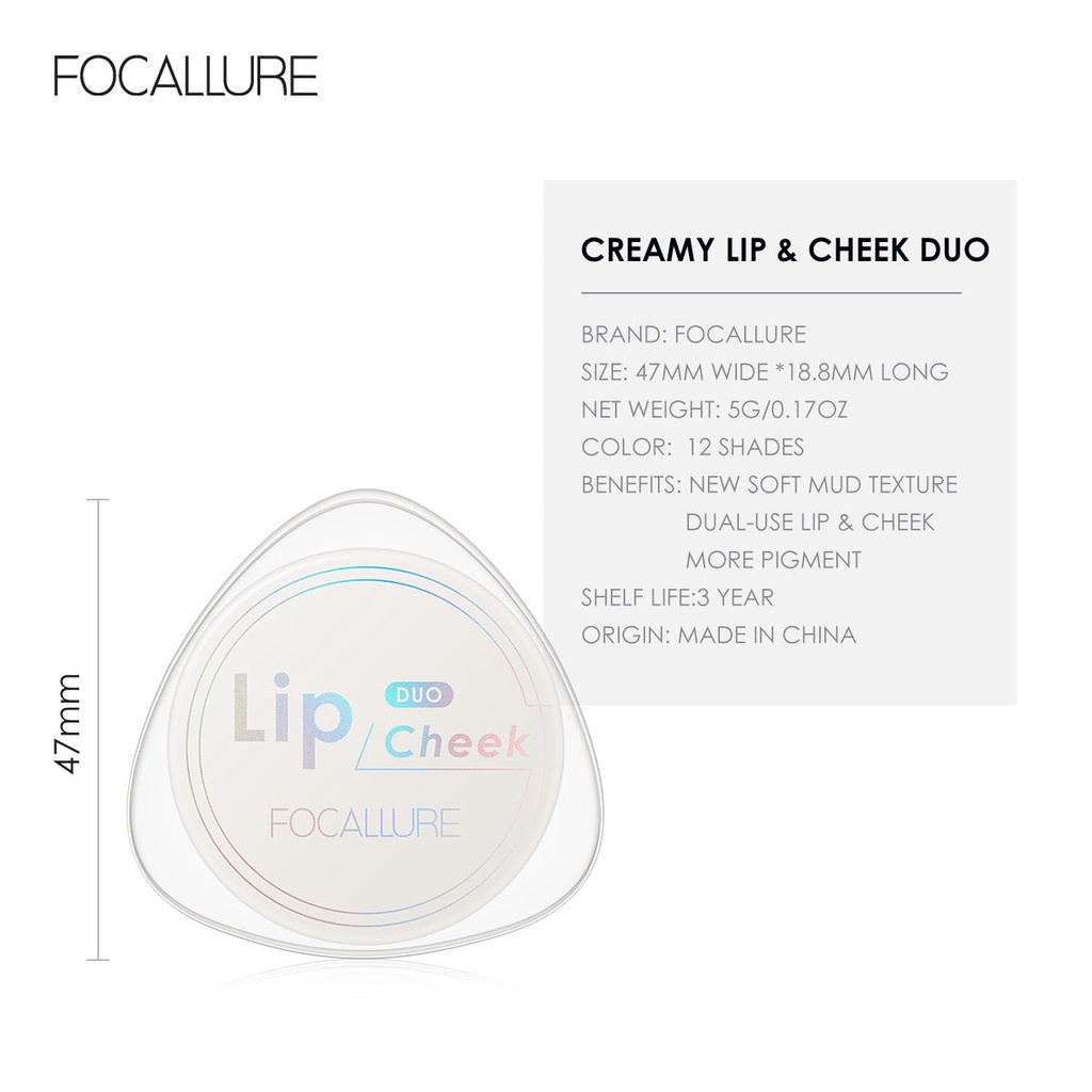NIK - FOCALLURE Creamy Lip &amp; Cheek Duo FA266 | 12 Colors Velvet Matte Lip Mud Lipstick Lip Gloss Lip Balm Lip Glaze Women Lip Makeup Cosmetics | BPOM ORIGINAL
