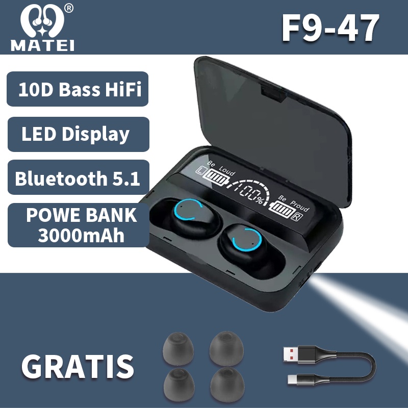 Matei Headset Bluetooth M19 TWS Wireless Earphones Bluetooth 5.1  In Ear HIFI Mini Waterproof Sports Music Earbuds With Charging Box-Hitam-F9-47