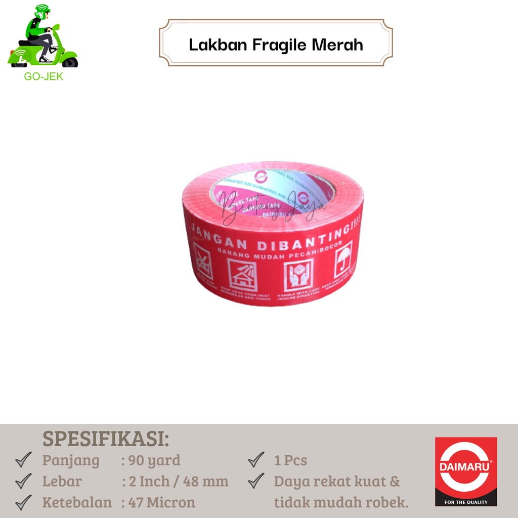 

SOLASI/LAKBAN/TAPE/PEREKAT/ISOLASI/SOLATIP DAIMARU FRAGILE 2"x100m MERAH (Lakban Fragile Merah 100m)