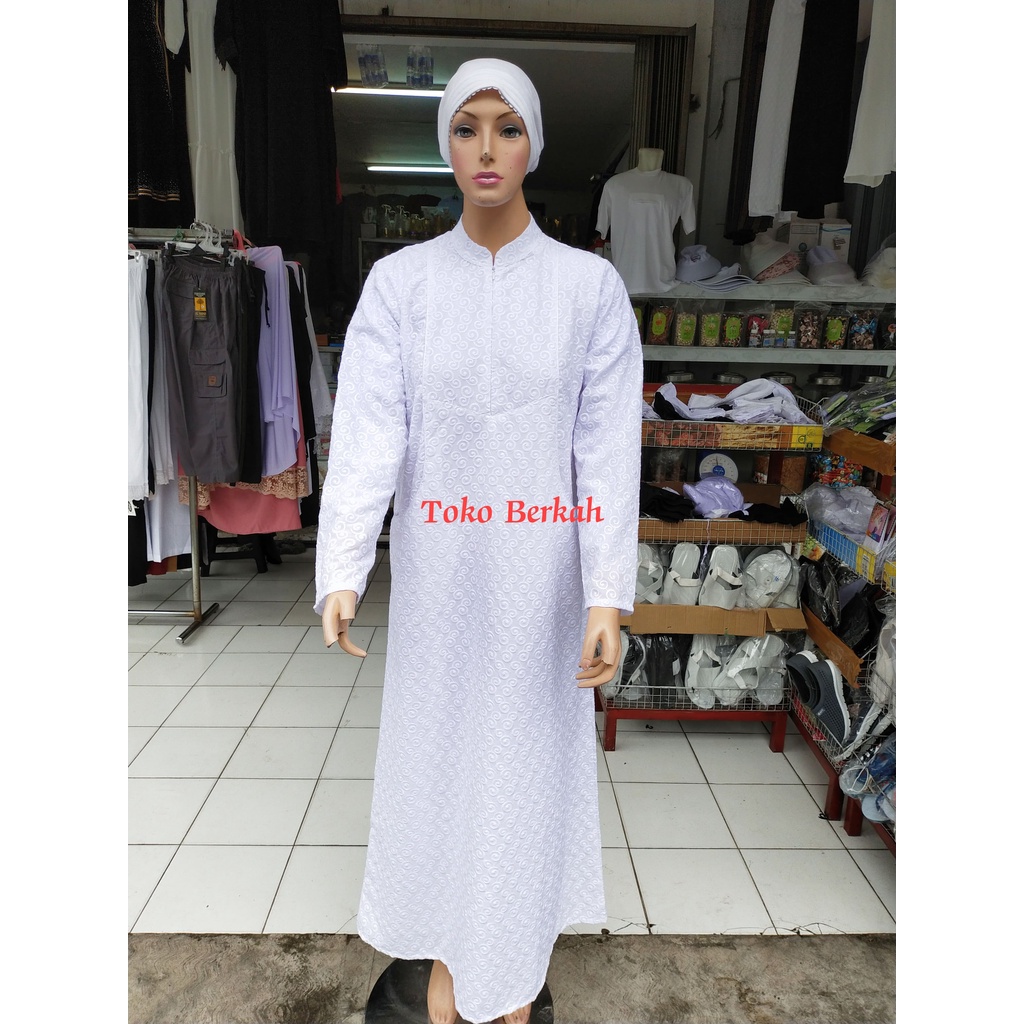 Gamis haji dan umroh katun paris satu set gamis kerudung ukuran super dan sarung tangan bordir