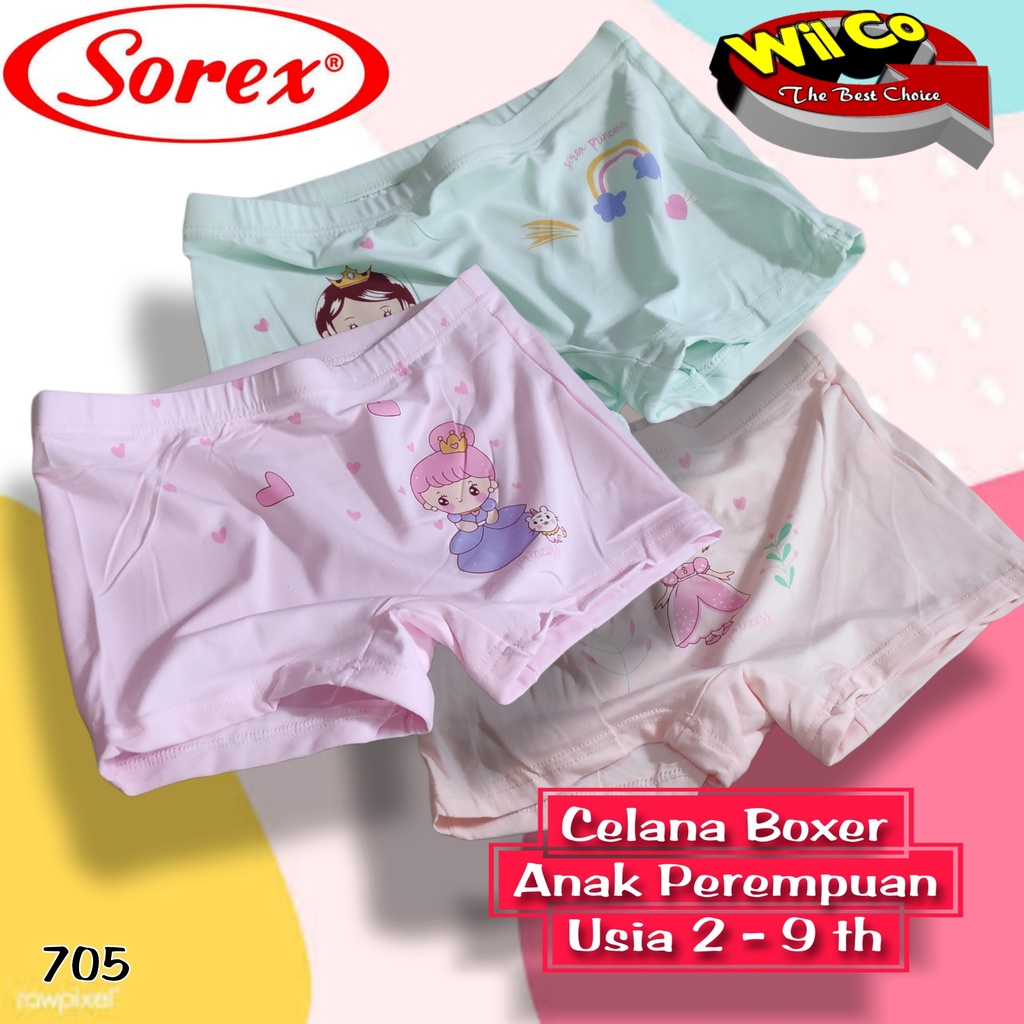 K705T - (HARGA PER 3 PCS) CELANA DALAM BOXER ANAK WANITA SOREX SIZE M - L - XL