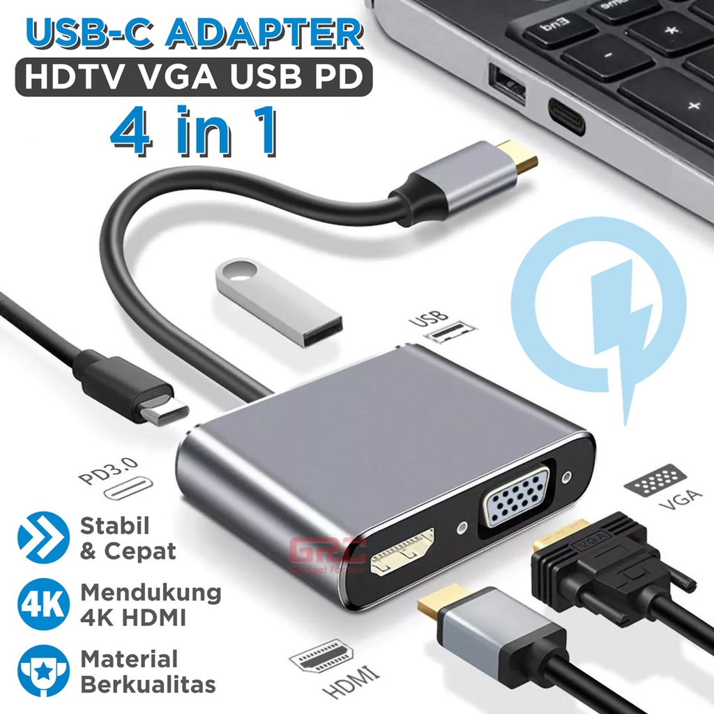 Adapter Converter Type C to HDMI VGA USB PD HUB HDTV 4 Port 4in1