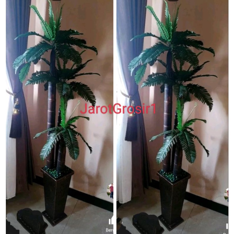 PALM ISI 3 POHON+POT DAN BATU // BUNGA PLASTIK PALM HIAS ARTIFICIAL DEKORASI SUDUT RUANGAN TANAMAN P