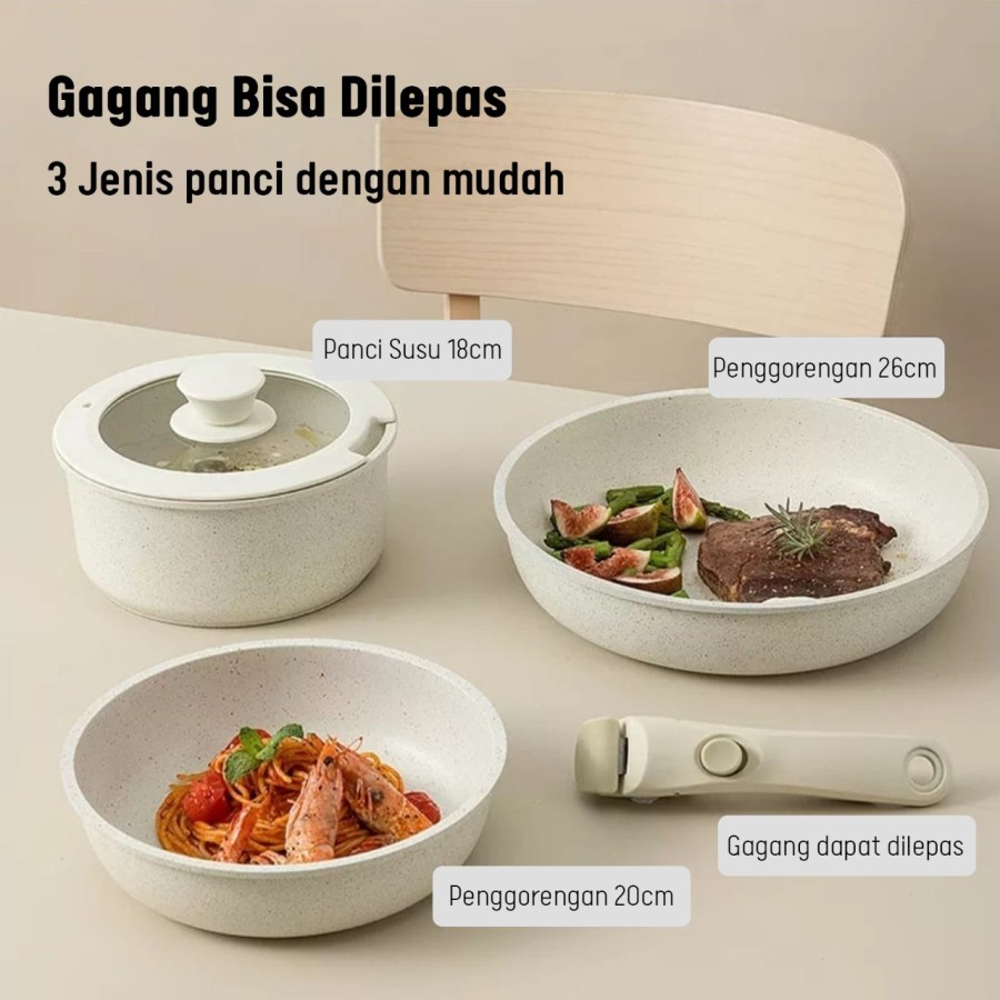 Carote Set 3p / 5pcs 11pcs Frypan Saucepan 18cm 20cm 26cm Cookware Set 5pcs Granit Putih Antilengket Peralatan Masak Karoten Dengan Pegangan Yang Dapat Dilepas Untuk Semua Kompor PFOA panci estetik putih ivory beige