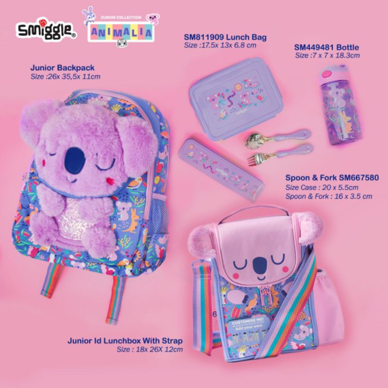 Smiggle Animalia junior character backpacks and lunchbag