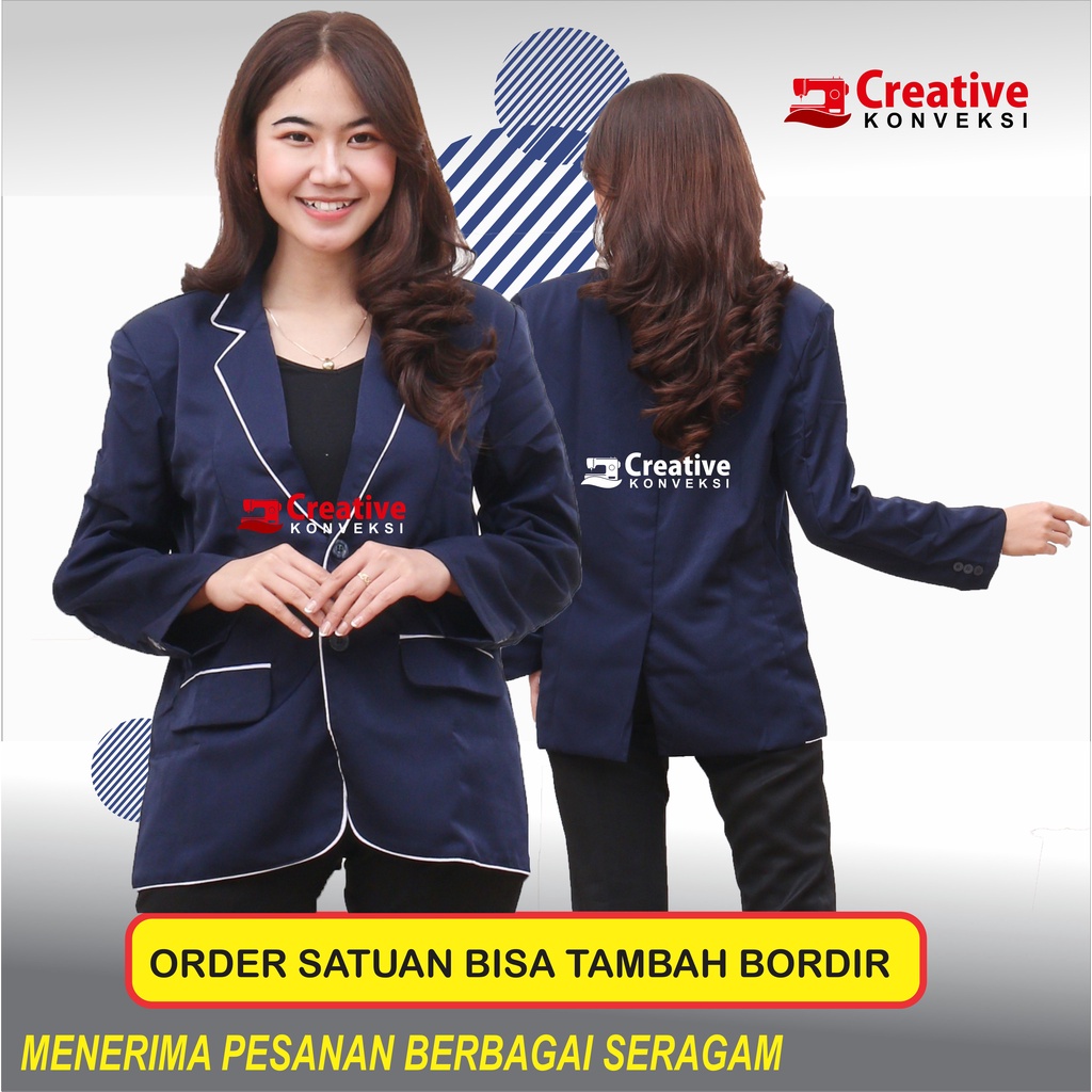 (BIG PROMO) Blazer Jas Almamater navy biru dongker lis putih / JAS OSIS / BLAZER Full Puring / Jas Mahasiswa warna navy bisa tambah bordir / jas osis blazer pesantren / almamater list putih