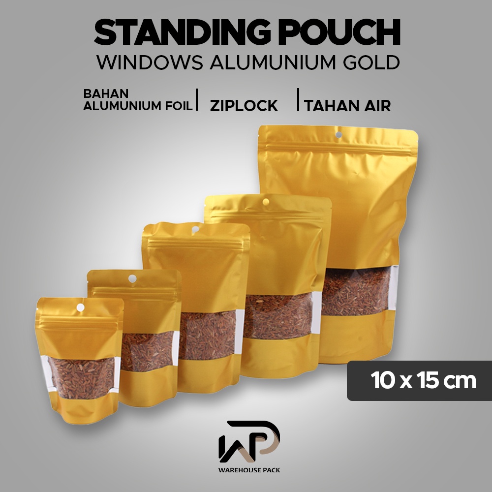 ( 10 Pcs ) Standing Pouch Alumunium Windows Emas 10 x 15 | Kemasan Serbaguna | Kemasan Ziplock | Kem