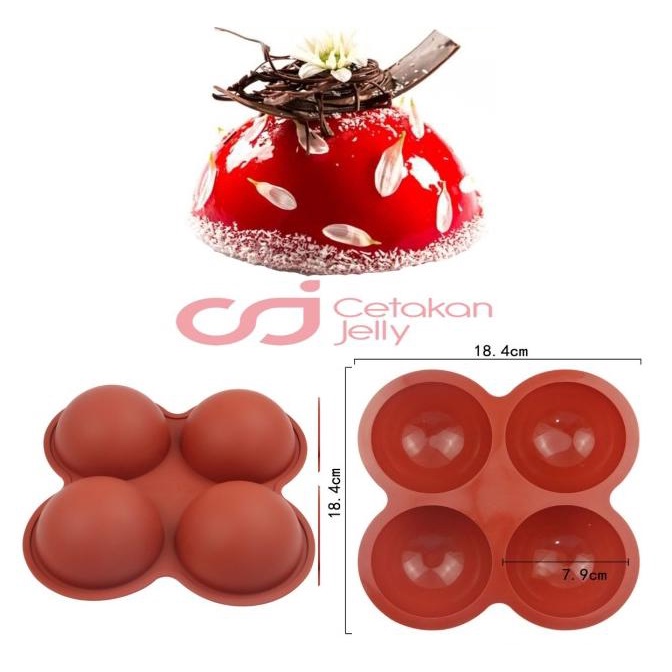 CJ Cetakan Silikon Kue Puding Half Ball Dome Setengah Lingkaran 4 Cav