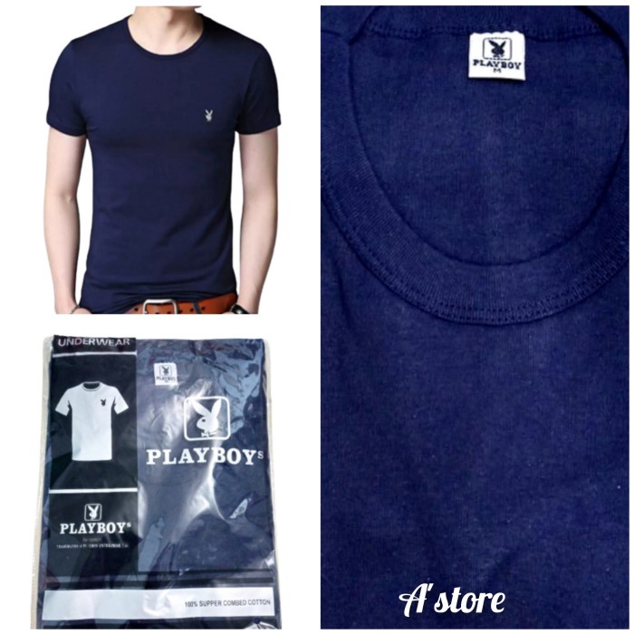 Terlaris Kaos Oblong Pria Playboy Baju Dalam Body Fit Tebal Biru Dongker