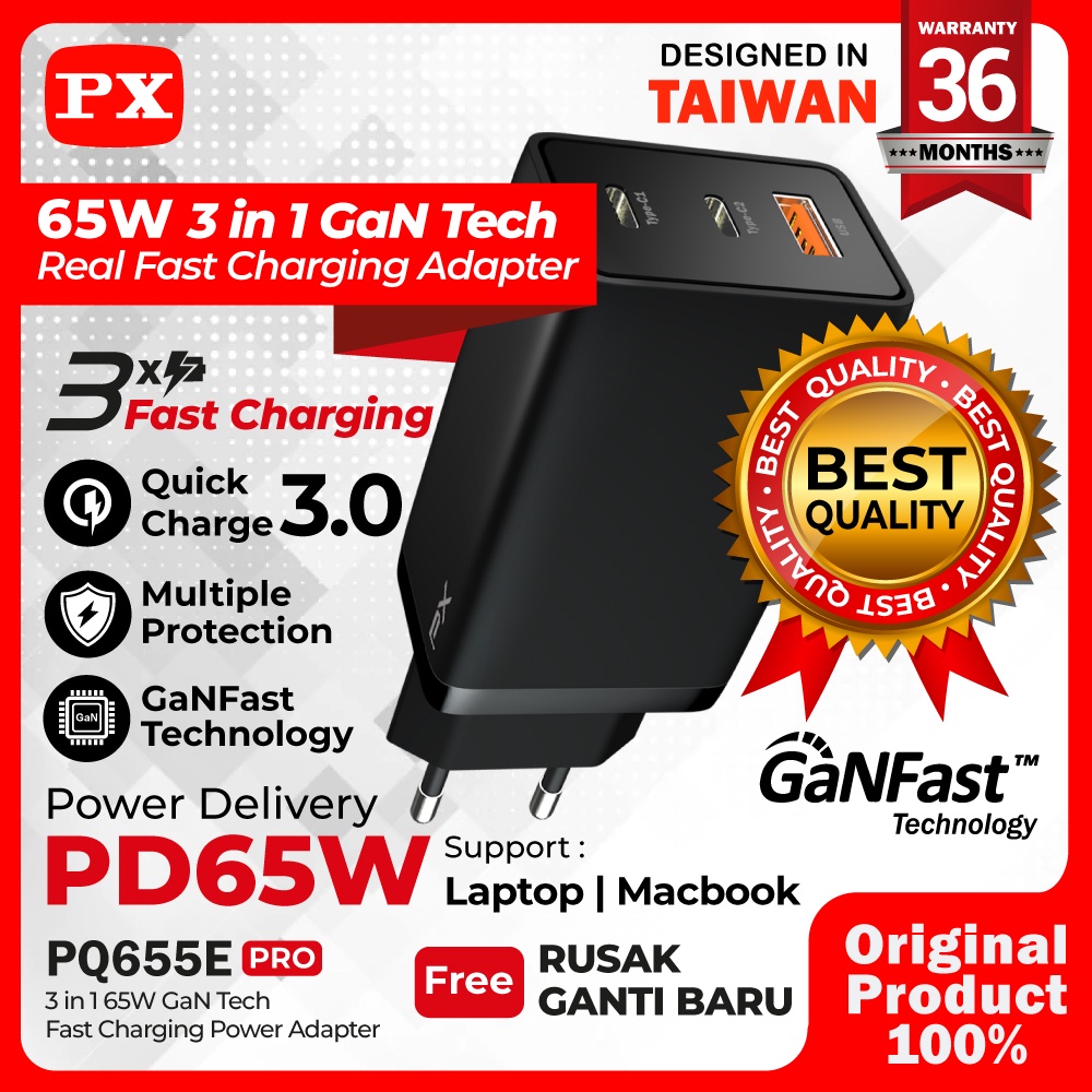 Kepala Charger Adaptor Fast Charging Type C+USB A 65W PX PQ655E PRO