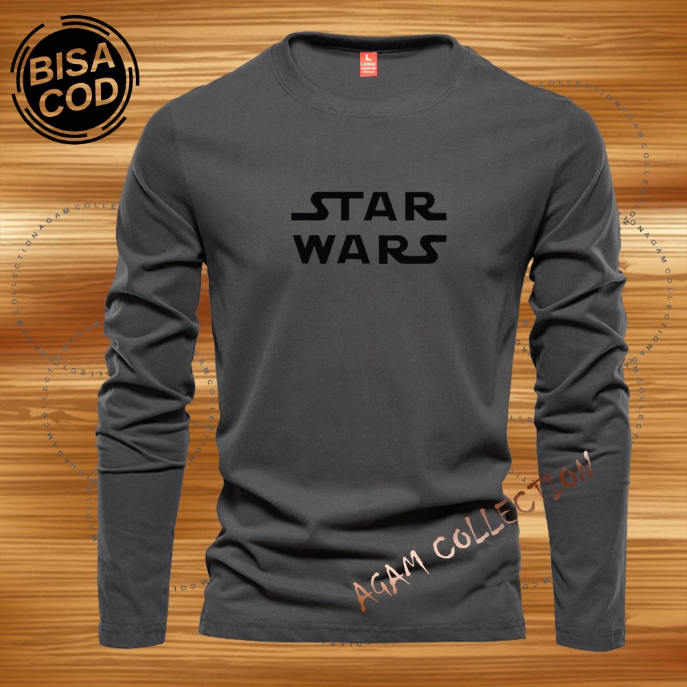 Agam Collection Baju Kaos Distro starwars Teks Hitam Lengan Panjang Premium Quality Kaos Pria Keren Kaos Cewek/Cowok