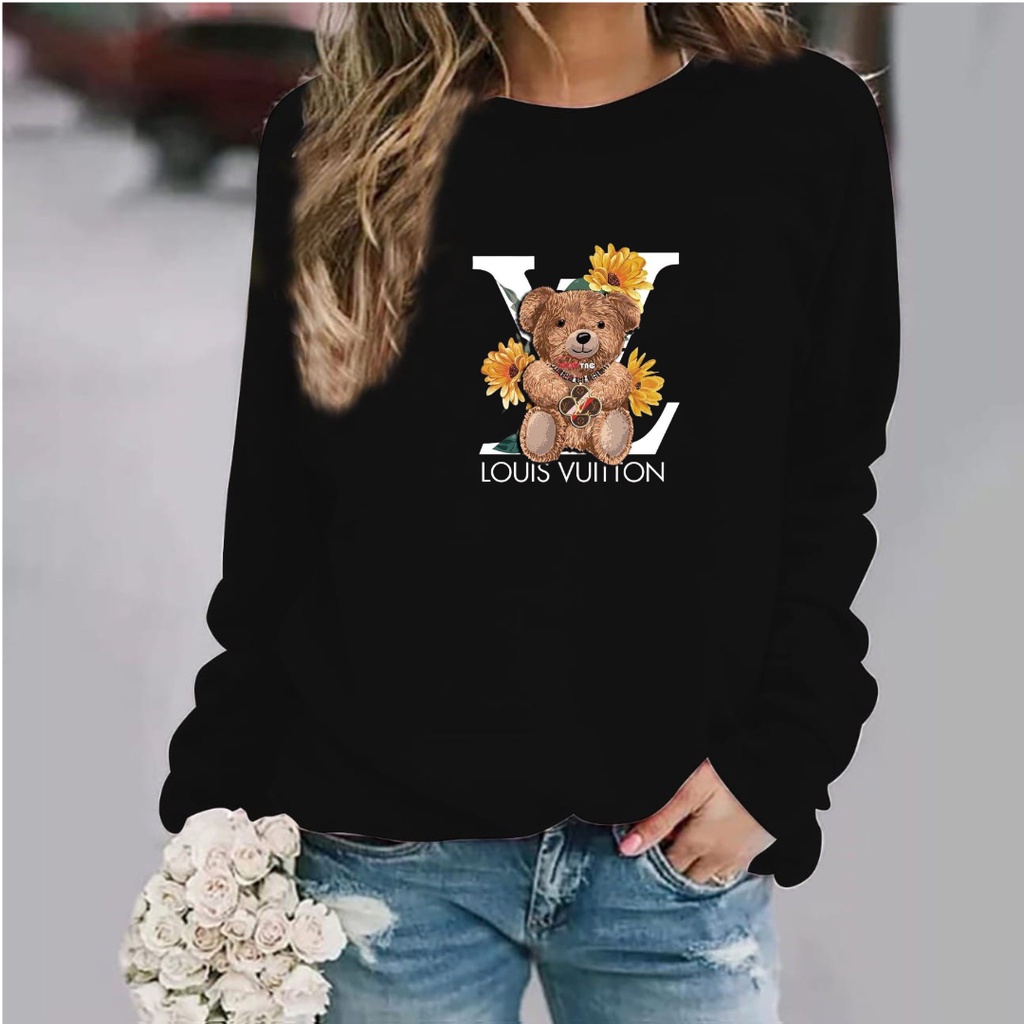 Baju lengan panjang wanita logo TEDDY BEAR LV / kaos distro model sweater keren trendy dan kekinian