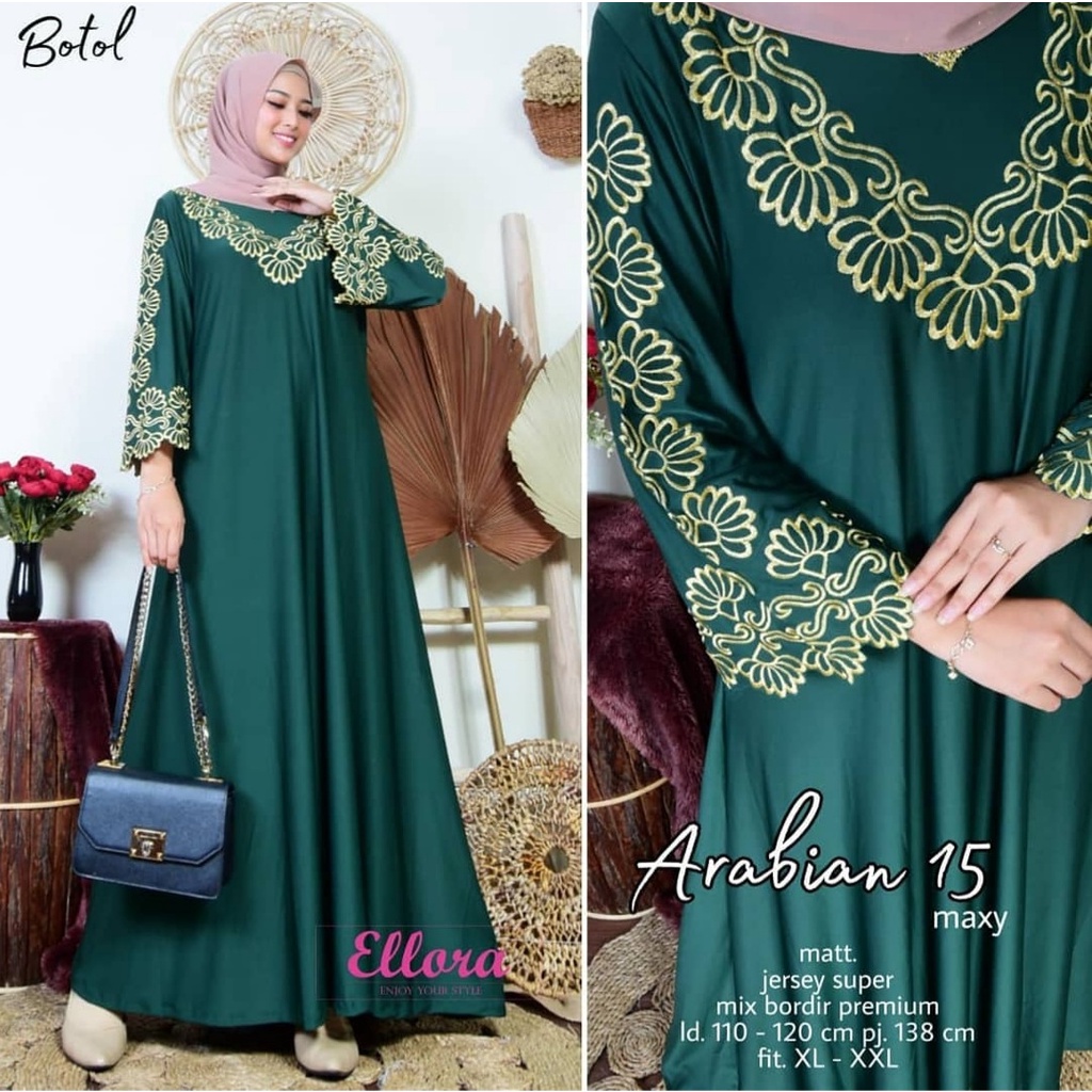 Gamis Muslim Arabian #15 Milaty Maxy Jumbo Jersey Motif Bordir xxxl Ld 130cm Arabiana Abaya Millaty Gamis Lebaran Remaja Muslimah Terbaru Seragaman Pengajian Murah Mila Dress Wanita Muslimah Syar'i Gamis Polos Tebal Premium Warna Hitam Milati Maxi