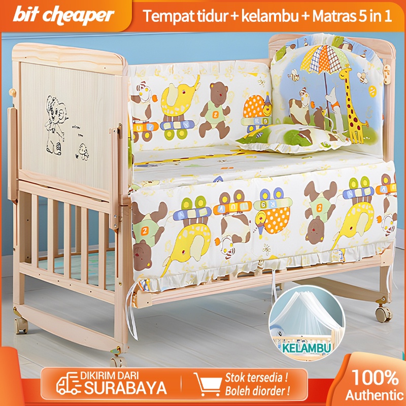 Tempat Tidur Bayi Kayu Kasur Baby Set Kelambu Bayi Box Ranjang Bayi Kayu Tempat Tidur Ayunan Multifungsi 0-6Tahun