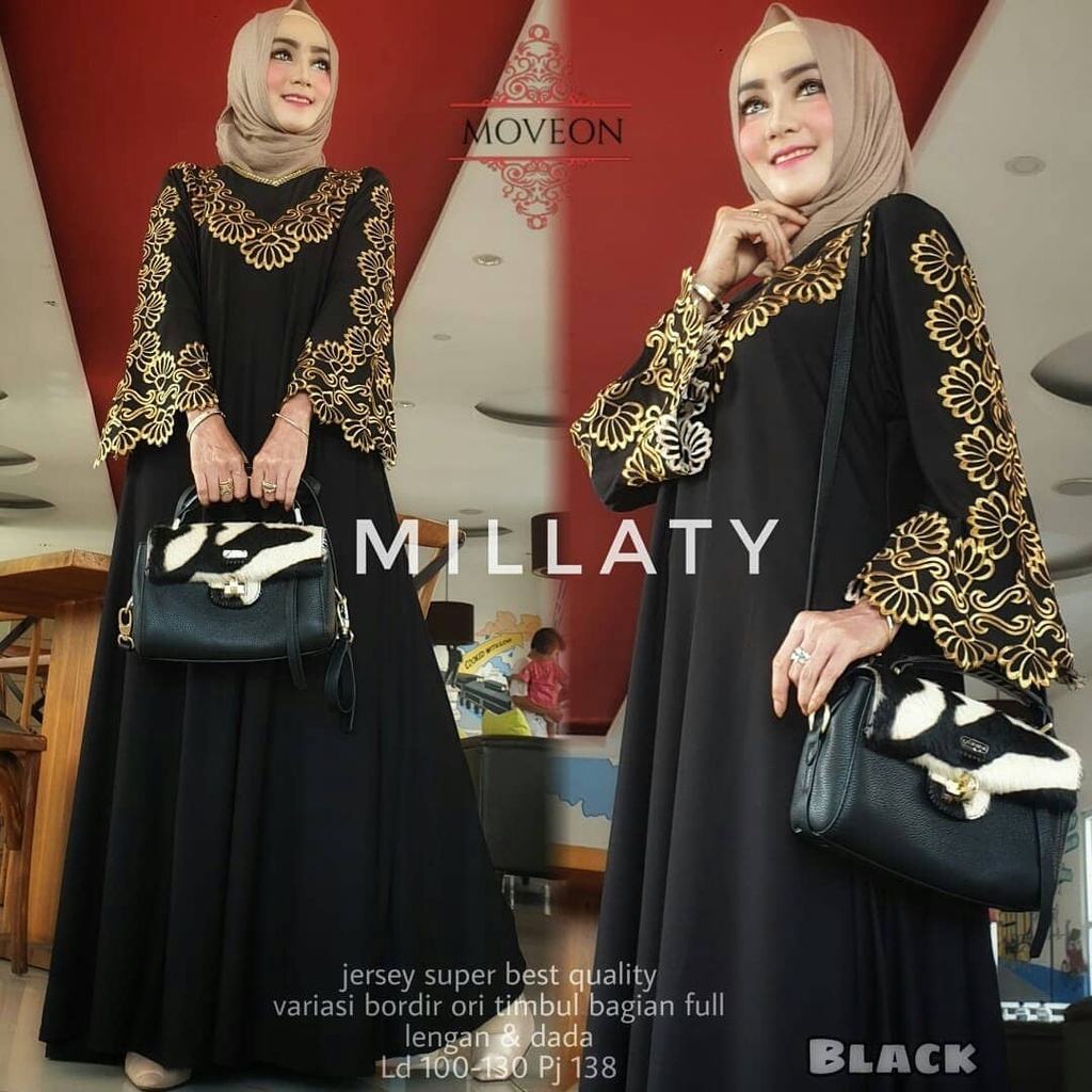 Millaty Maxy Gamis Jumbo Jersey Motif Bordir xxxl Ld 130cm Arabian Abaya Gamis Lebaran Remaja Muslimah Terbaru Seragaman Pengajian Murah Mila Dress Wanita Muslimah Syar'i Gamis Polos Tebal Premium Warna Hitam Milati Maxi