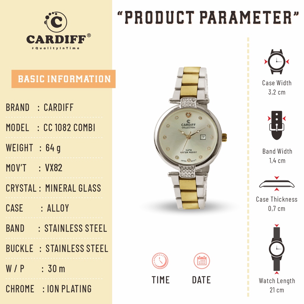 CARDIFF COLLECTION 1082 Vx (Tanggal) Jam Tangan Kasual Rantai Wanita Water Resist