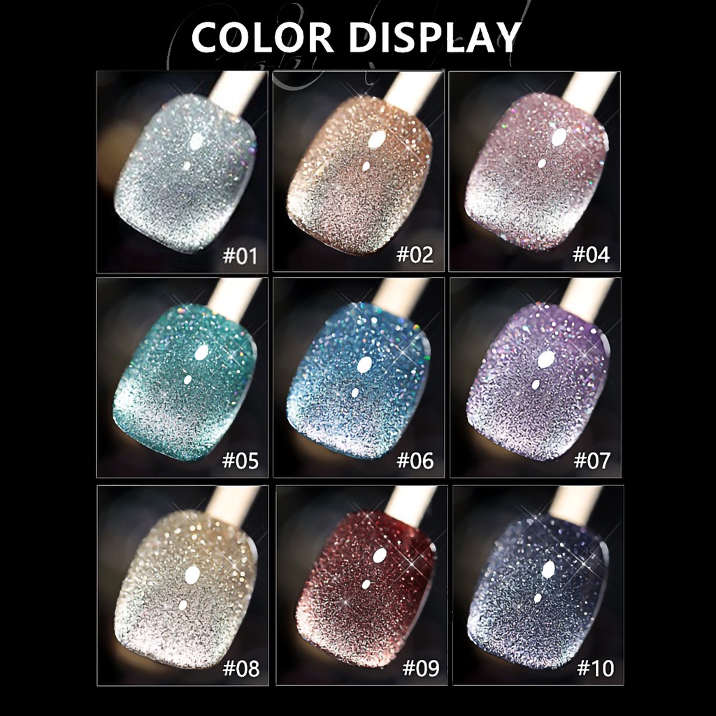 Pretty  Paket Kutek Cat'eye 12Color+3Pcs Fungsi Coat &amp; Free Magnet Stick 1pc/ Kutek Gel Laser Diamond Cat Eye UV LED Nail Gel 10ml