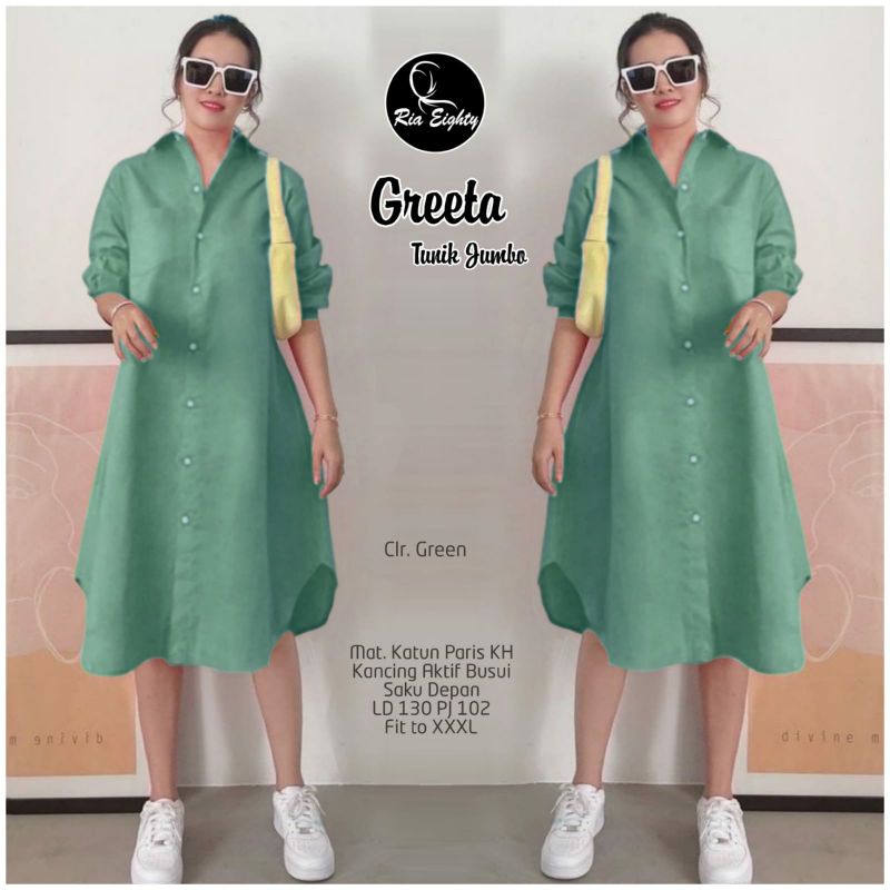 GHREETHA Tunik sage green Katun Oversize ld 130 M-XXXXXL Long tunic polos Super jumbo by Riaeighty