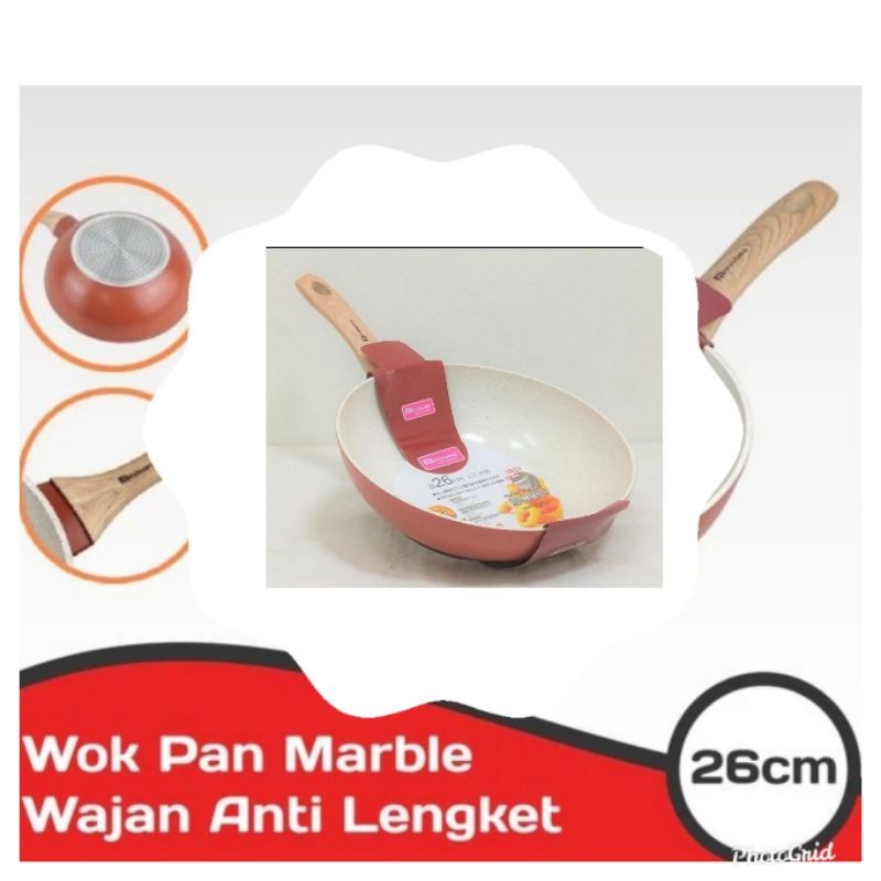 Marble Fry Pan Teflon WD-26 Minowa Putih Wok Pan Panci Wajan Kemarik Gagang 26cm