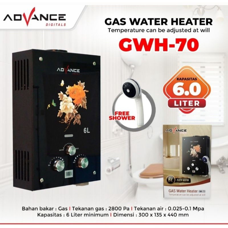 ADVANCE Water heater gas 6 Liter GWH 70 Tempered Glass Kaca digital