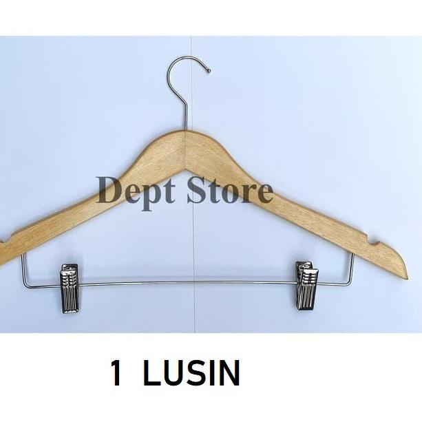 ➯ Hanger Kayu Jepit Besi (1 Lusin) Gantungan Baju Model Palang Jepit Besi Setelan ➹