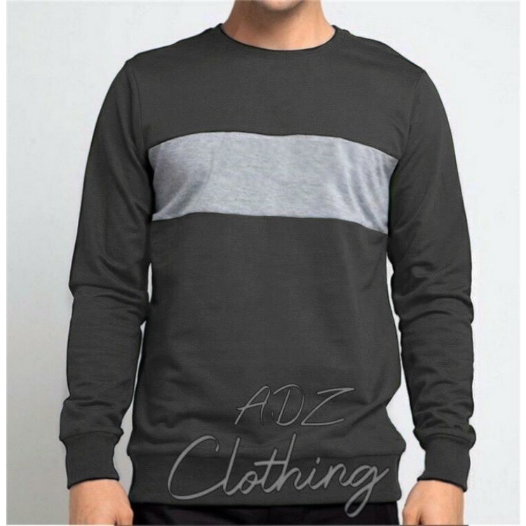 Sweater Casual Polos Lengan Panjang Bahan Kain Fleece Warna Abu-abu Tua Kombinasi Abu-abu Muda