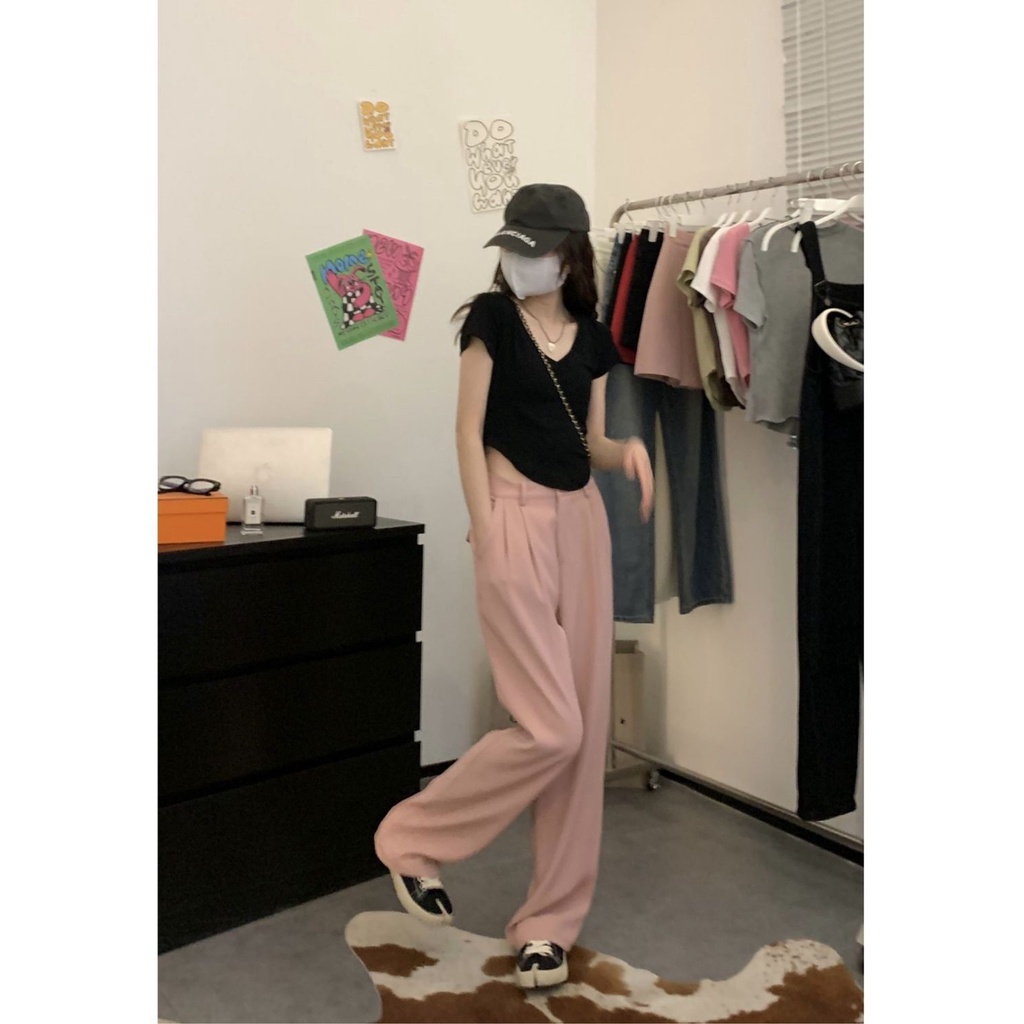 Red Musim Panas Pendek Slim Desain Arc Edge A4 Pinggang Leher V Murni Keinginan Angin Lengan Pendek Gadis Seksi Slim Bahu T-shirt Katun Murni untuk Wanita