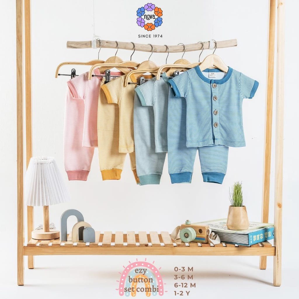 Ezy Button Set Combi Stripe Series Nova Baby Setelan Baju Pendek Celana Panjang Bayi Newborn Motif Garis Salur 0-24 Bulan