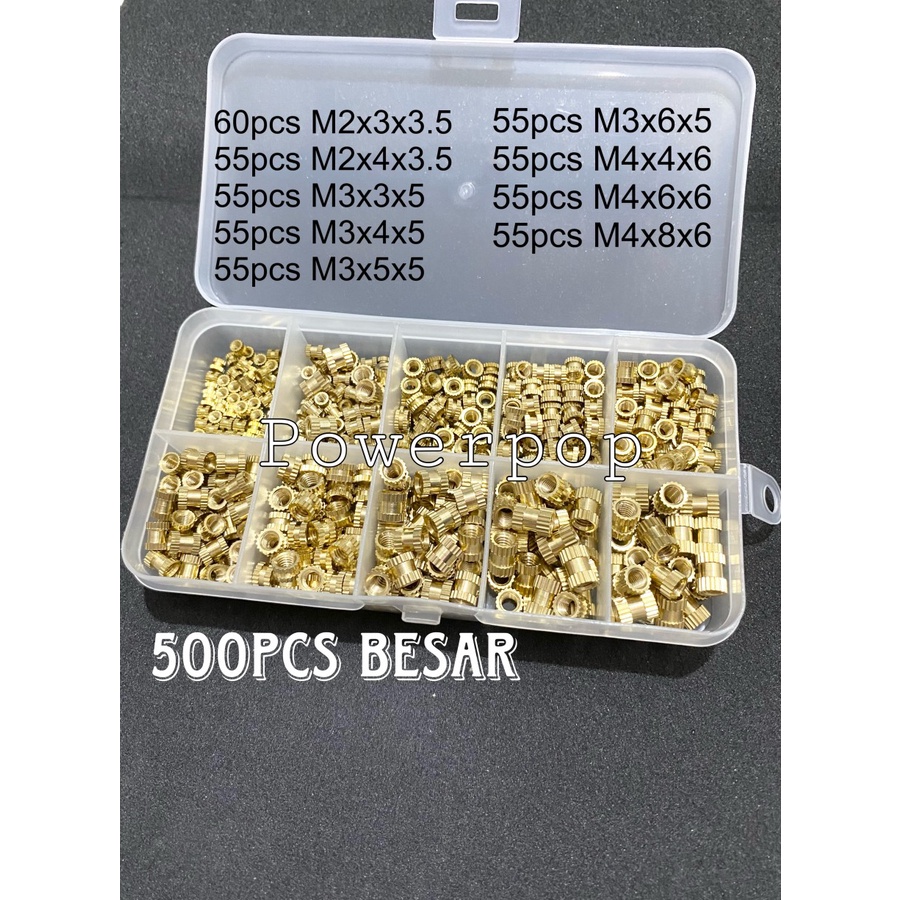 500pcs Super Brass Knur M2 M3 M4 Mur Tanam / Brass Knurled Insert Nut Thread FREE BOX Kitset / Mur K