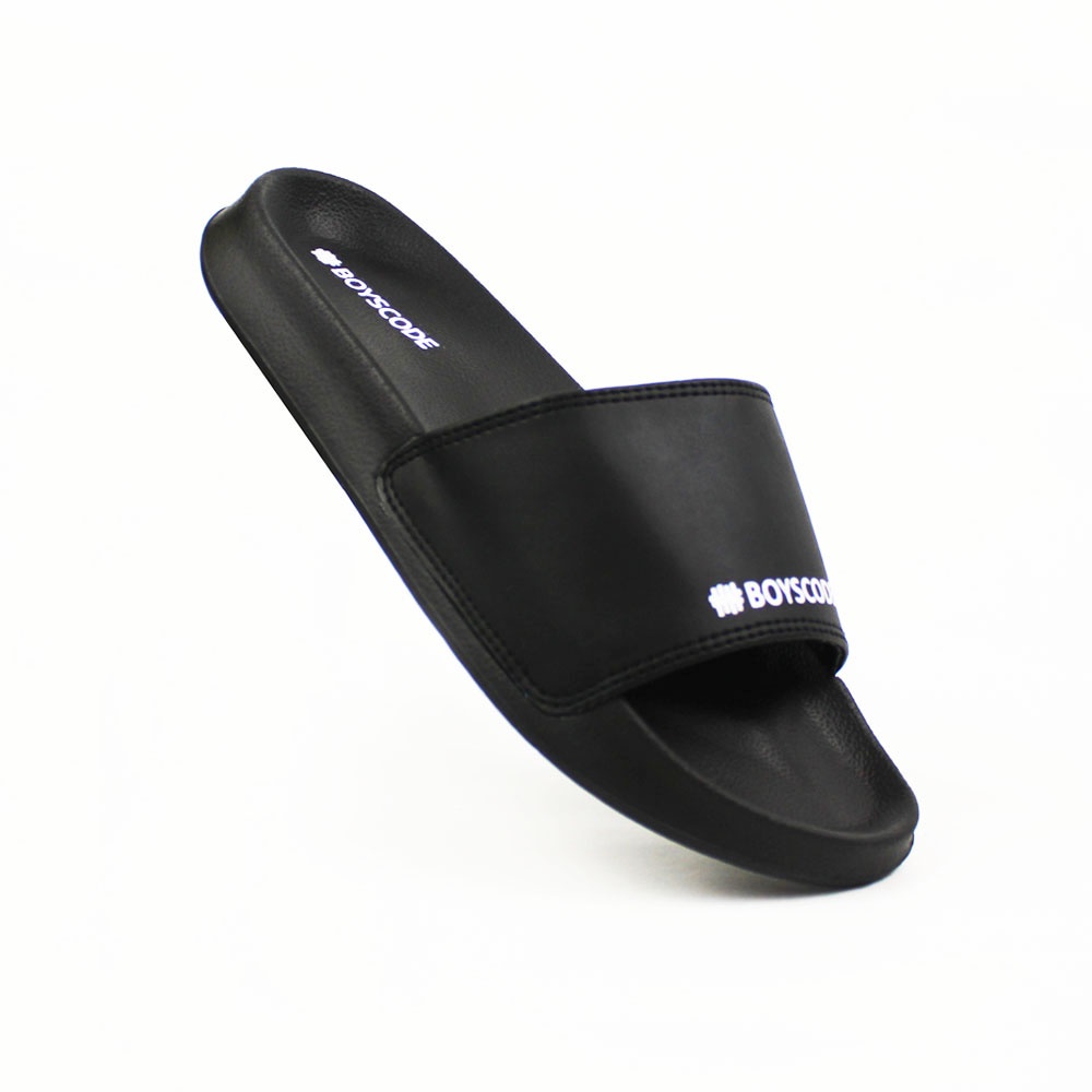 Sendal Selop BOYSCODE Mid Logo Hitam Pria Wanita / Sandal Slide Cowok / Sandal Slip On / Sandal Dist