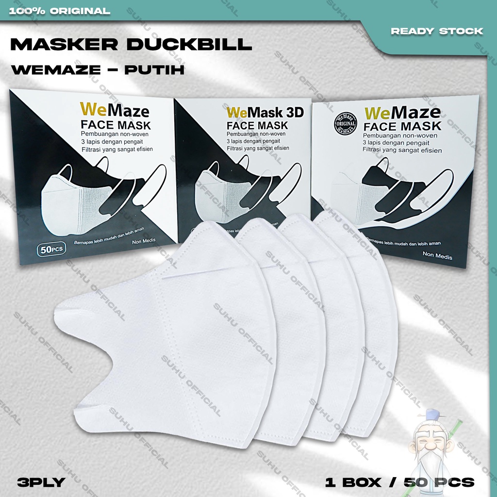 ❤️ SUHU ❤️ Masker Duckbil WEMAZE 3Ply Isi 50Pcs Putih White Duckbill Garis Earloop Surgical Mask