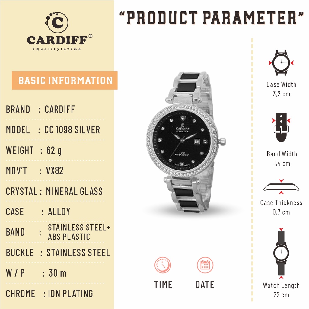 CARDIFF COLLECTION 1098 VX (Tanggal) Jam Tangan Kasual Rantai Wanita Water Resist